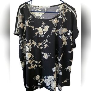 Sweet Violet Top:Womens Black Floral Blouse; Size 2X Stretchy Rhinestone Sleeves